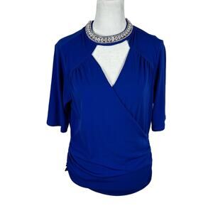 NEW Moa Moa Formal Rhinestone Neck Top Short Sleeve Large Elegant Party Stretch